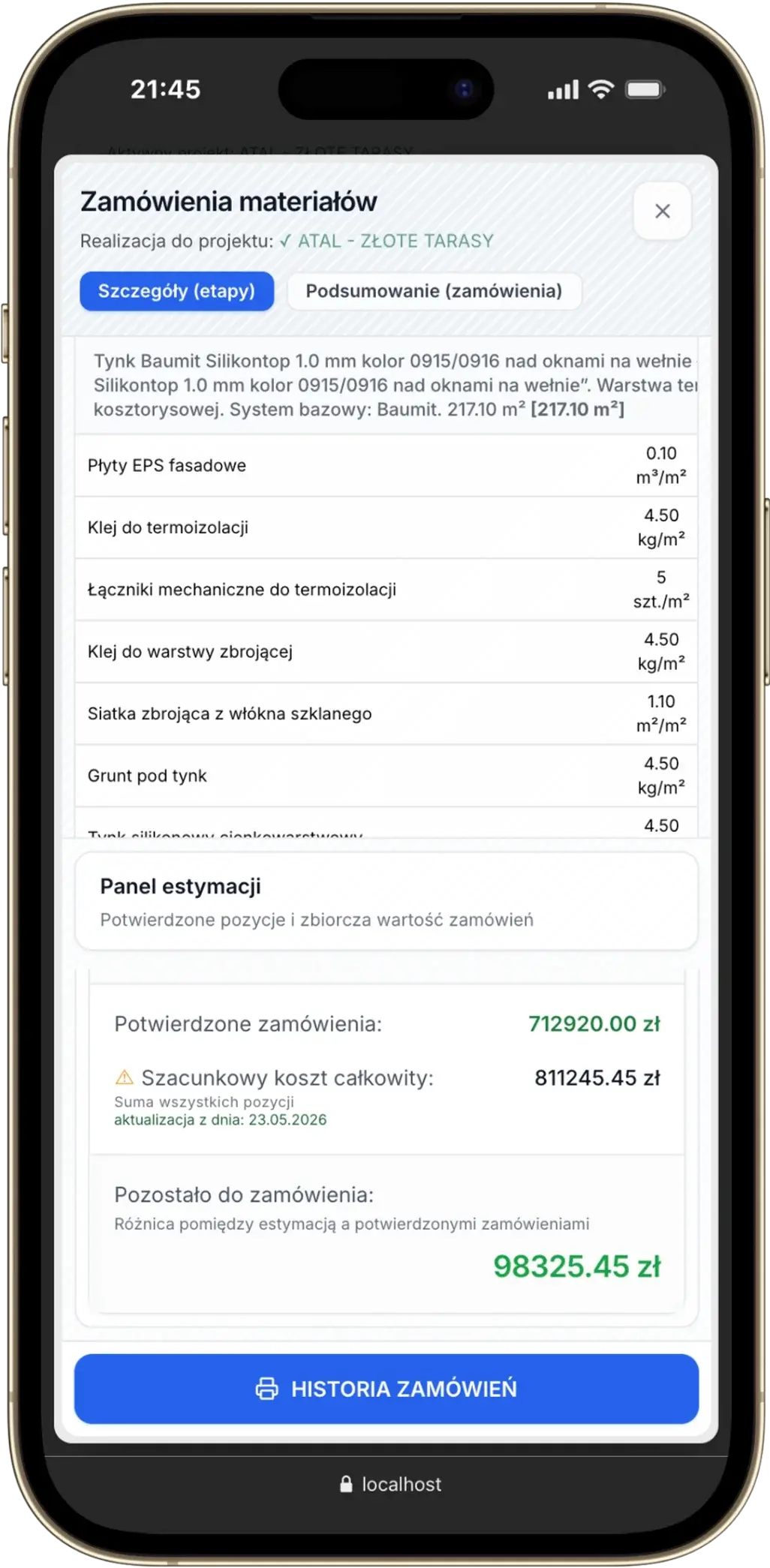 Panel estymacji projektu w systemie CheckMat w trybie jasnym