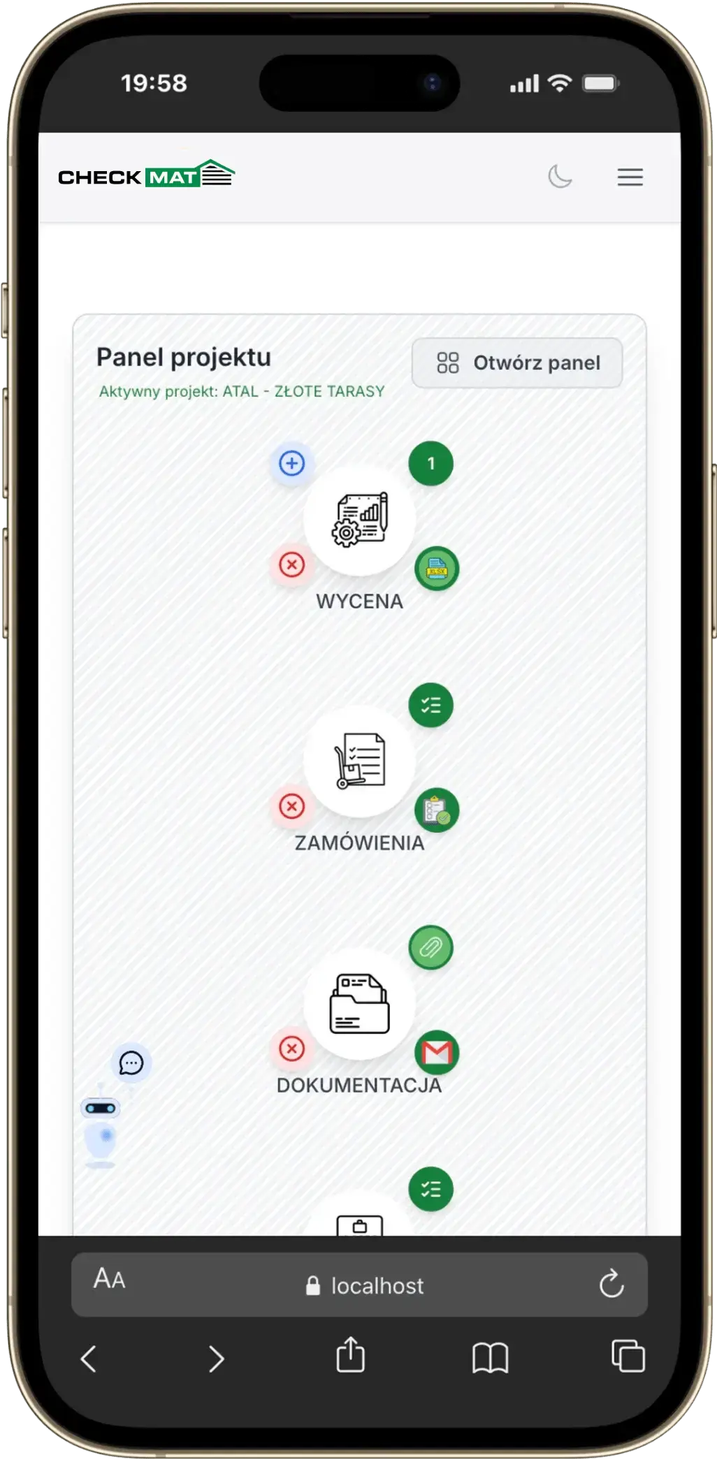 Mobilny panel CheckMat do zarządzania projektami elewacyjnymi w trybie jasnym